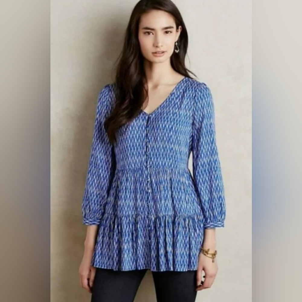 Anthropologie/ Maeve- Lila Tiered Ruffle Long Sleeve Button Top- Medium
